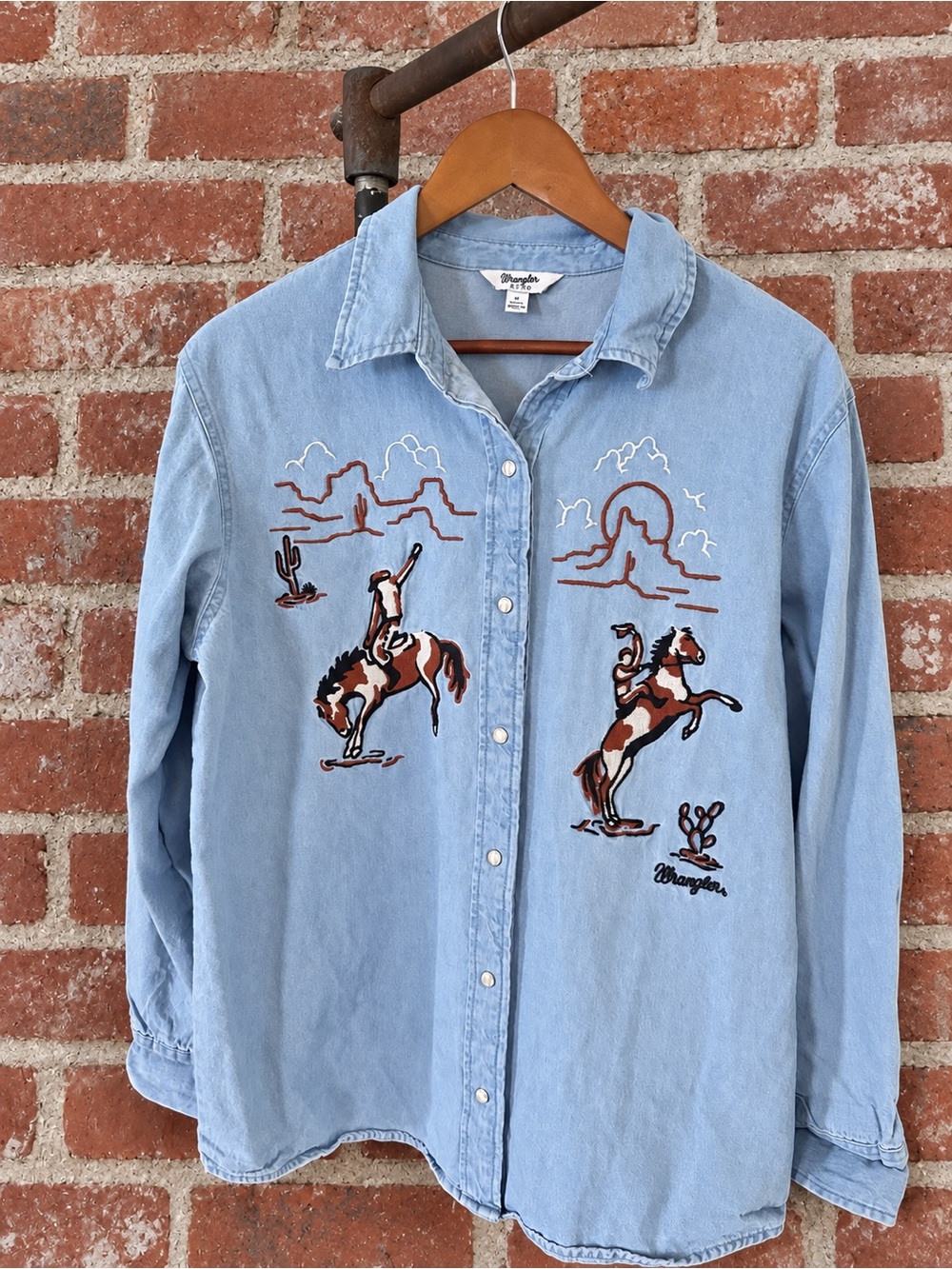 Wrangler Retro 100% Cotton Embroidered Western Denim Pearl Snap Shirt M
